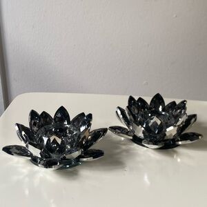 Gunmetal Gray Crystal Lotus Tea light Candle Holders - Set of 2